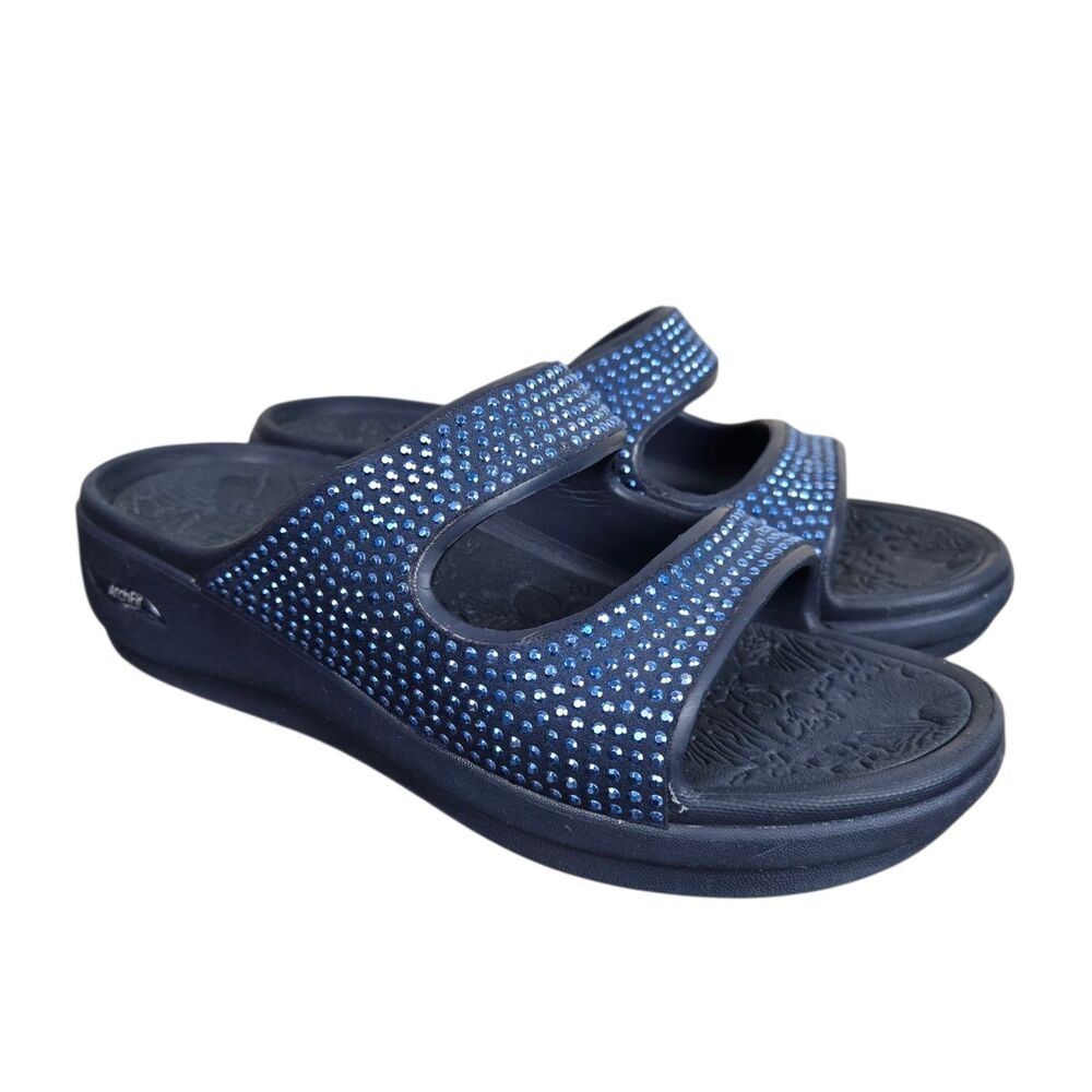 Skechers Foamies Arch Fit Ascend Summer Glitz Slide Sandals Sz 6 Navy Blue